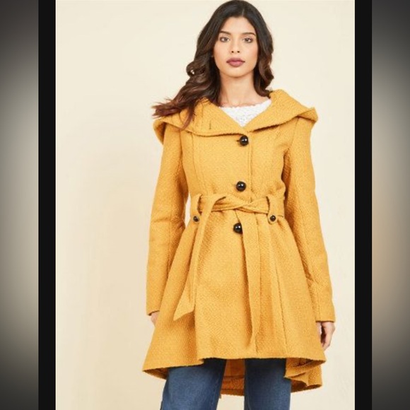 Steve Madden mustard yellow fit and flare hooded wool blend pea coat, size med - Picture 1 of 10